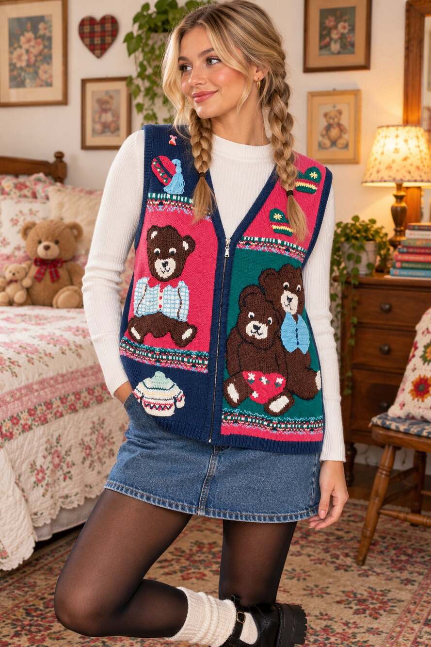Vintage 90s Teddy Bear Sweater Vest Womens M Zip Front Kidcore Kawaii